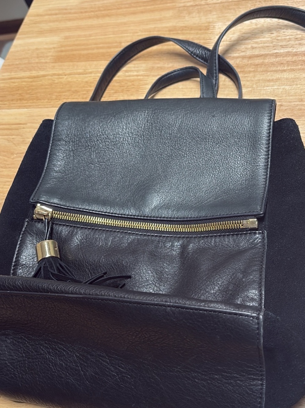 margot Black Leather & Suede Tassel Backpack